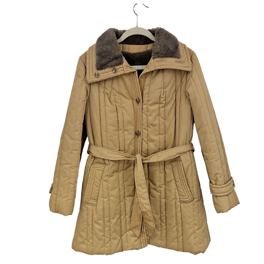 VTG JCPenney Coat Women 14 Tan Quilted Faux Fur Lined Belted Winter Sherpa